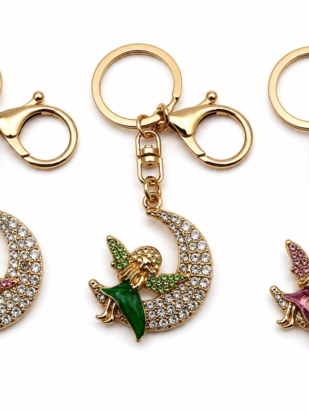 Fairy Crescent Moon Rhinestone Keychain Bag Charm Celestial Sparkle Gift